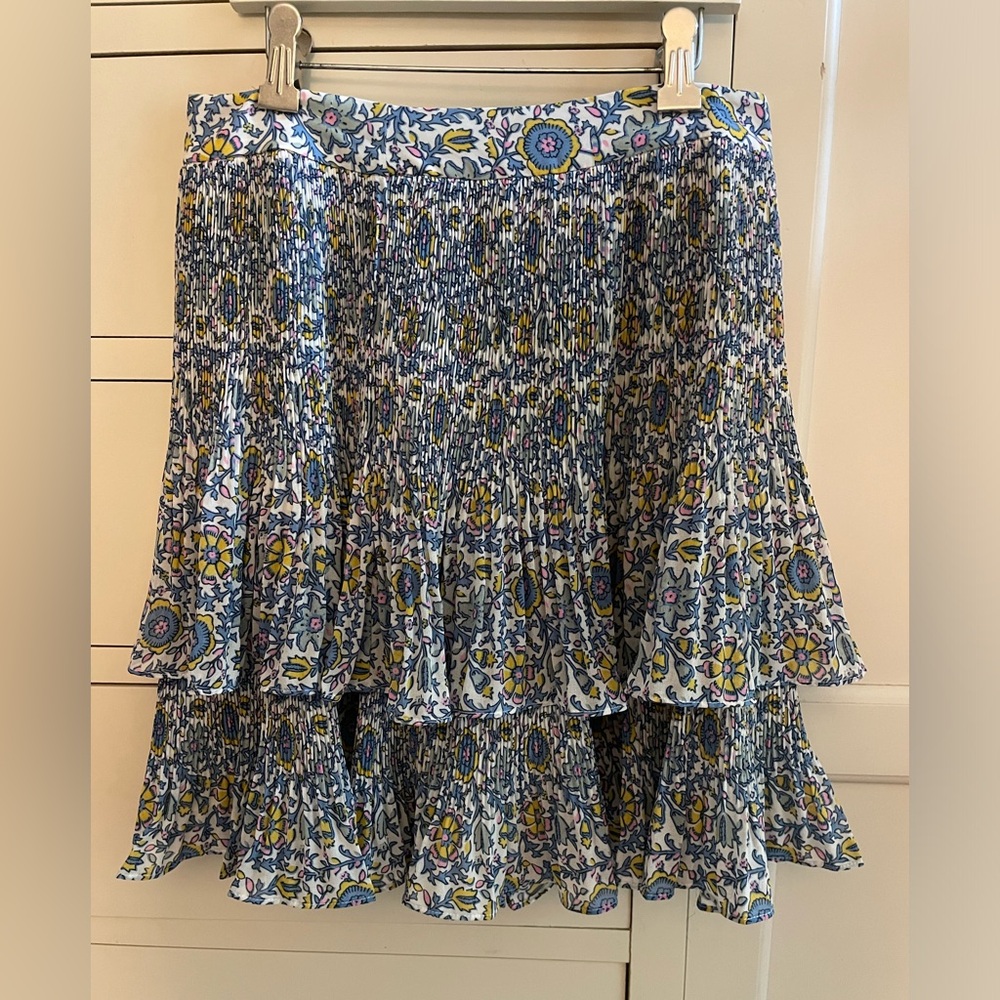 BODEN Plisse Mini Skirt Size 4 Frilly Layered Summer Ivory Blue Floral